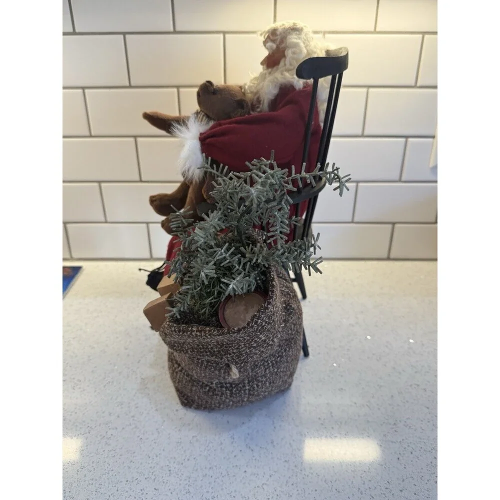 Santa Sitting In Wooden Chair Teddy Bear And Bag Decor Figurine 15